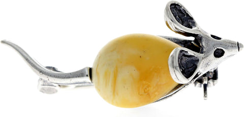 925 Sterling Silver & Genuine Baltic Amber Jewellery - Mouse Brooch 4107