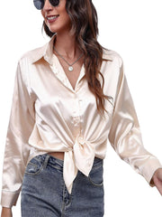 Women'S Satin Shirt Blouse Long Sleeve Botton down Elegant Blouse V Neck Silk Shirt Casual Ladies Office Work Tops