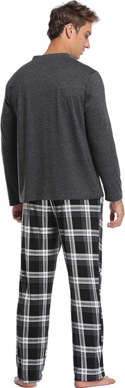 Men'S Pyjama Sets Long-Sleeve Pj'S Set Soft Loungwear Solid Top and Check Pant with Pockets S-XXL