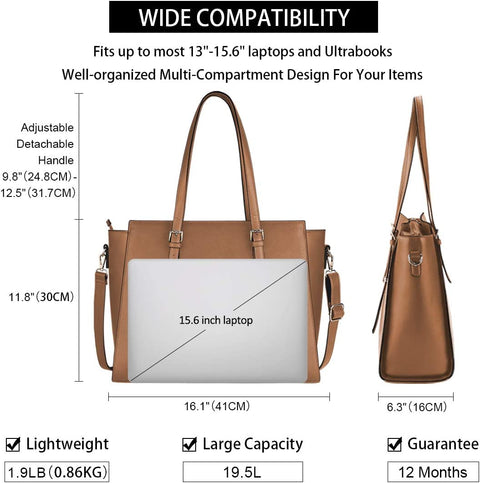 Laptop Bags for Women Large Leather Handbags Ladies Laptop Tote Bag Business Work Shoulder Bag Lightweight 15.6 Inch Brown