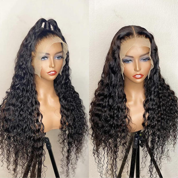 13X4 HD Lace Front Wigs Human Hair,Water Wave Curly Human Hair Wig for Black Women,180 Density Glueless Transparent Lace Frontal Wig Human Hair Pre Plucked,Brazilian Real Virgin Human Hair 16 Inch