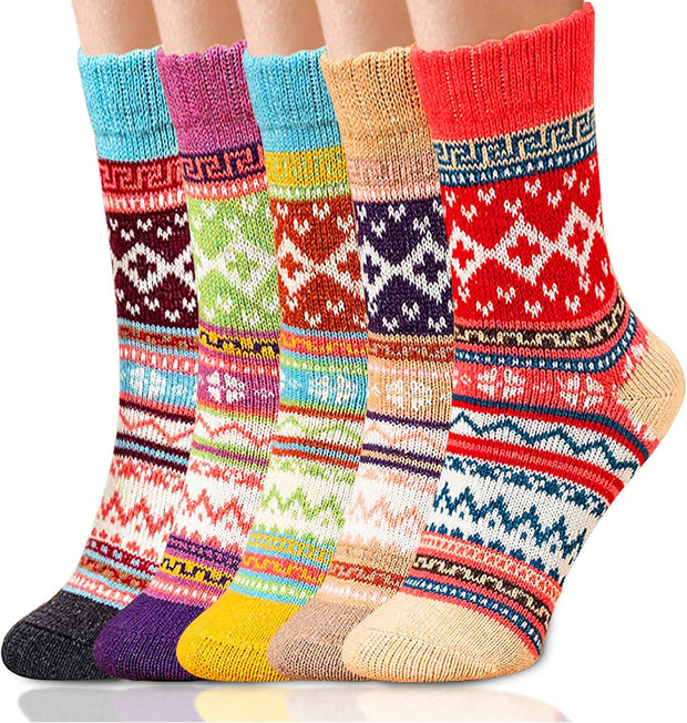 Women Winter Socks, 5 Pairs Thermal Wool Warm Knitting Ladies Socks Vintage Style Cotton Thick Bed Sock Multicoloured for Home Office School Hiking, Ideal Christmas Gifts 4/8 UK