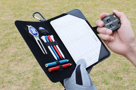 Golf Scorecard Holder N Yardage Book Cover - Divot Repair Tool, Ball Marker, Golf Tees, Scorer, Pencil N Scorecards Included - Gift for Golfers