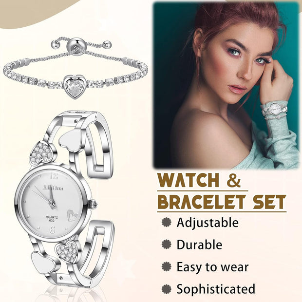 Heart Shaped Watch and Bracelet Set for Women Girls Ladies Bangle Watches Elegant Diamond Rhinestone Slim Wrist Watch Silver Crystal Bracelet Bangle Party Gift for Lover Girlfriend Her