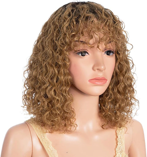 Short Curly Bob Wig with Bangs Human Hair for Black Women Ombre Brown 10 Inch Water Wave Bob Wig 150% Density Glueless Wig (Color: TT1B/30)