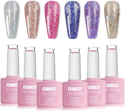 FANZEST Gel Nail Polish Led UV Gel Polish Holographic Color Sparkle Glitter Diamond Rose Gold 15Ml