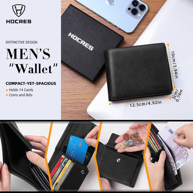 ® Wallets for Mens RFID Blocking Leather Slim Wallet with 15 Credit Card Holders, 2 Banknote Compartments & 2 ID Window Minimalist Wallets with Gift Box