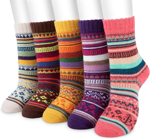 Women Winter Socks, 5 Pairs Thermal Wool Warm Knitting Ladies Socks Vintage Style Cotton Thick Bed Sock Multicoloured for Home Office School Hiking, Ideal Christmas Gifts 4/8 UK