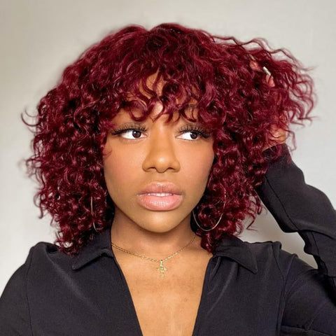 Short Curly Bob Wig with Bangs Human Hair for Black Women Ombre Brown 10 Inch Water Wave Bob Wig 150% Density Glueless Wig (Color: TT1B/30)