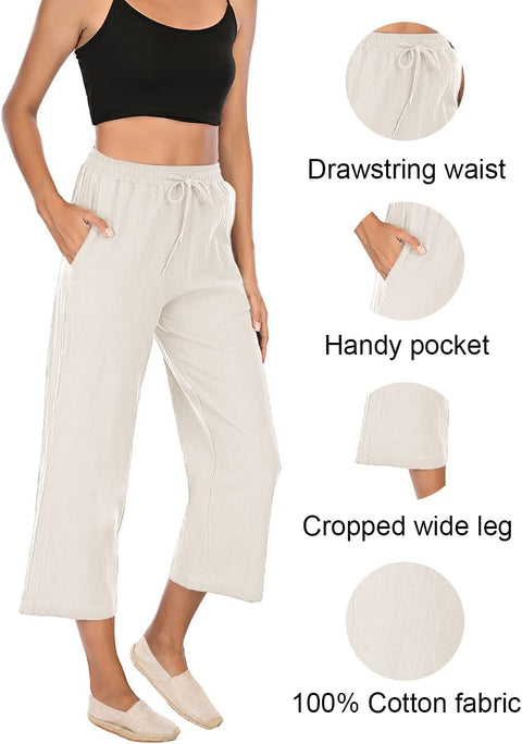 Women'S Summer Comfy Cotton Linen Cropped Trousers Wide Leg Lounge Pants with Pockets