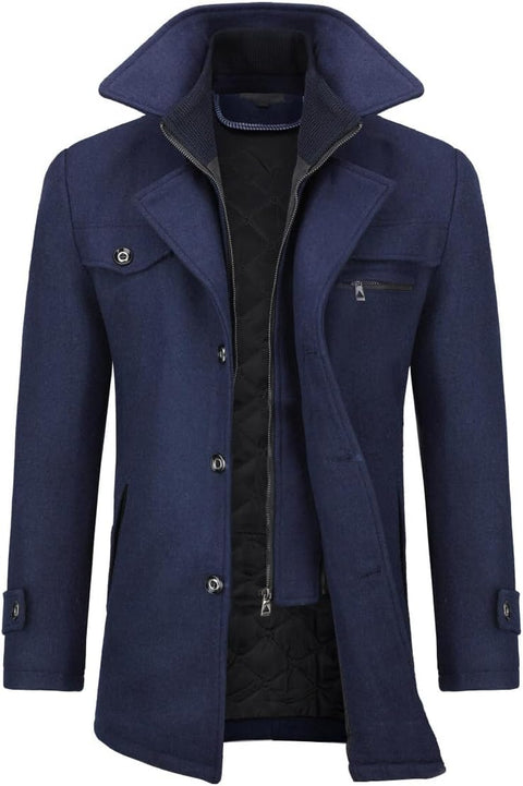 Mens Winter Padded Coat Wool Trench Overcoat Mid Length Coat Jacket Casual Slim Fit Coat Jacket