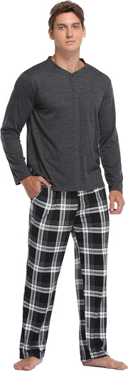 Men'S Pyjama Sets Long-Sleeve Pj'S Set Soft Loungwear Solid Top and Check Pant with Pockets S-XXL