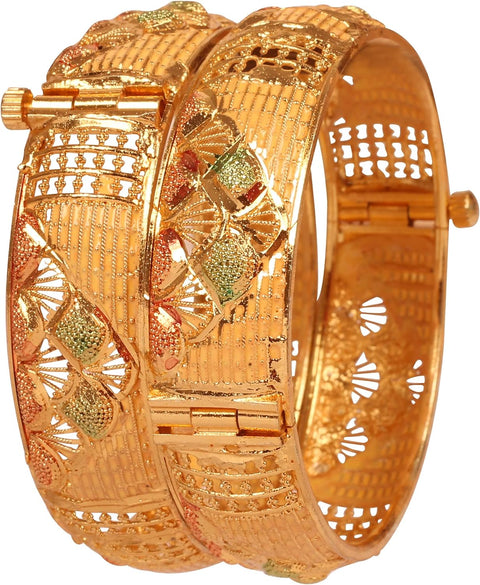 "Golden Bangle Collection Traditional Fine Jali Wire Mesh Work Thick Indian Bollywood Designer Jewelry Metal Kada Bangle Bracelets. Set of 2 in Antique Gold Tone for Women