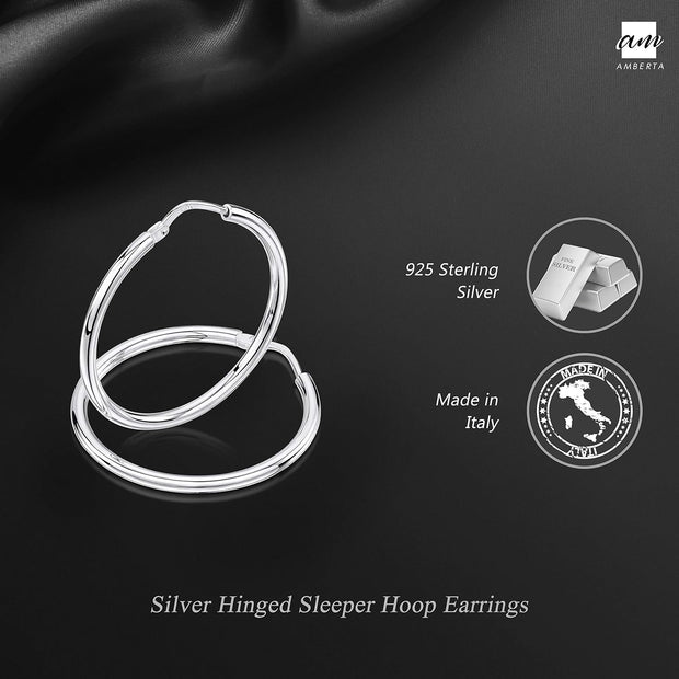 ® 925 Sterling Silver Fine Circle Hinged Hoops - round Creole Sleeper Earrings Diameter Size: 7 10 15 20 25 35 45 55 Mm