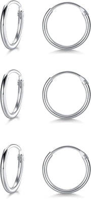 3 Pairs Silver Hoops Earrings for Women S925 Sterling Silver Small Hypoallergenic Earrings Set Cartilage Nose Lip Rings for Men Girls, 8/10/12Mm