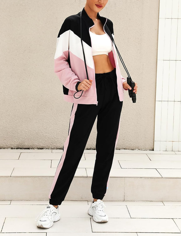 Women Tracksuit Set Long Sleeve Stripe Zip up Sweatshirt Drawstring Baggy Jogger Pant Loungewear Set Joggings Suit Sport Yoga Gym Workout Outfit Full Tracksuit