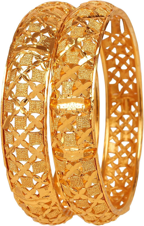 "Golden Bangle Collection Traditional Fine Jali Wire Mesh Work Thick Indian Bollywood Designer Jewelry Metal Kada Bangle Bracelets. Set of 2 in Antique Gold Tone for Women