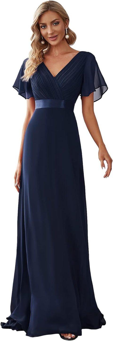 Women'S Double V-Neck Short Flutter Sleeves Empire Waist Elegant Chiffon Long Evening Dresses