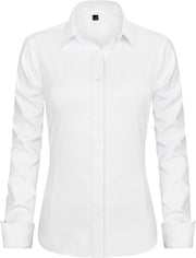 Women'S Long Sleeve Plain Dress Shirt Fitted Stretch Executive Shirt Blouse with Single Cuff