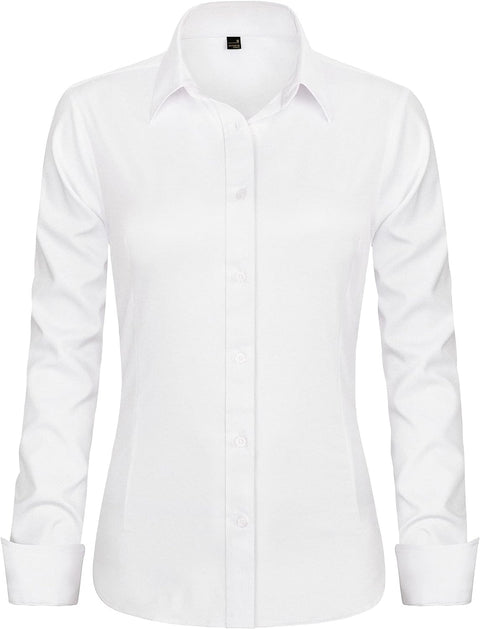 Women'S Long Sleeve Plain Dress Shirt Fitted Stretch Executive Shirt Blouse with Single Cuff