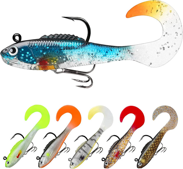 Soft Fishing Lures for Bass Pike Trout Perch, Pre-Rigged Jigs Head Sea Fishing Lures with Ultra-Sharp BKK/VMC Hooks, Plastic Artificial Swimbaits, Fishing Tackle for Saltwater & Freshwater