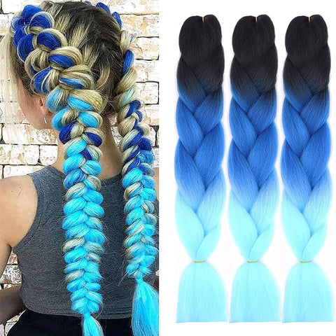 3 Tones Braiding Hair Extension 3 Pcs 24 Inch Ombre Braiding Hair Pretty Quality Synthetic Braid Hair Extensions Box Braids Hair for Women（Blue-Purple-Pink)