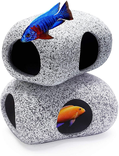 Aquarium Hideaway Rocks for Aquatic Pets to Breed, Play and Rest, Safe and Non-Toxic Ceramic Fish Tank Ornaments, Small Decor Rocks for Betta (3.7"X2.7"X2"(2 Pcs))