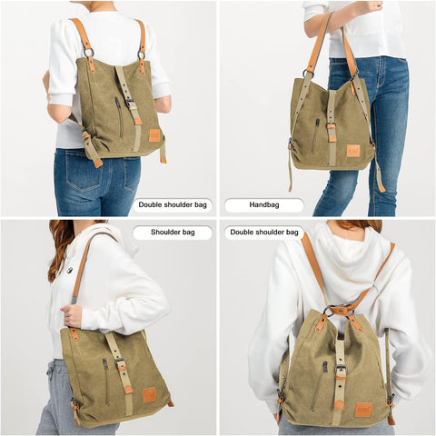 Women Backpack Canvas Shoulder Bag Travel Rucksack Convertible 3 in 1 Crossbody Bag Vintage Schoolbag Girl Fashion Backpack Purse for Women Ladies Handbag Casual College Daypack (Khaki)