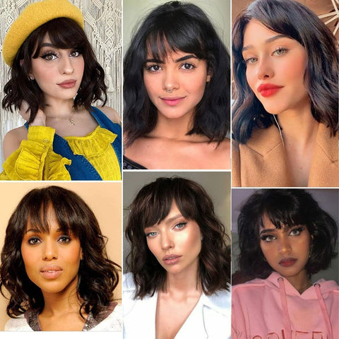 Short Bob Human Hair Wig with Bangs Bob Wave Wigs for Black Women None Lace Front Wig 150% Density Natural Black Color…