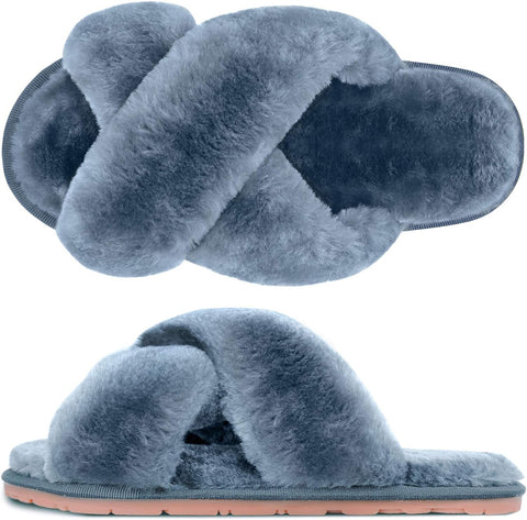 Womens Fluffy Slippers, Anti-Skid Faux Fur House Slippers, Warm Furry Cozy Sliders for Girls Indoor Outdoor Shoes