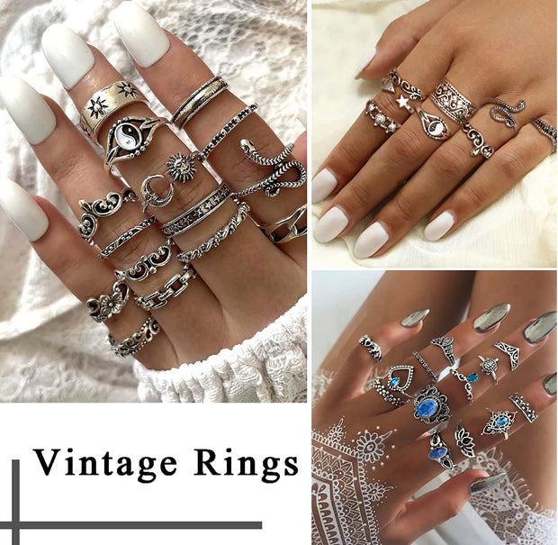 82 Pcs Vintage Silver Knuckle Rings Set for Women Teen Girls Bohemian Stackable Joint Finger Rings Retro Stone Crystal Stacking Midi Rings Pack