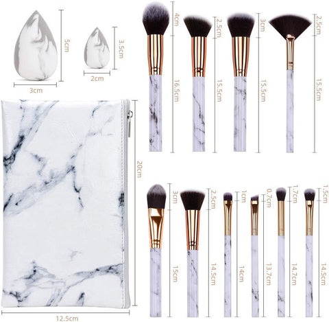 Makeup Brushes  Professional Marble Makeup Brush Set, Soft and Odor-Free Natural Synthetic Bristles,10Pcs + 2 Sponge Puff + Marble Pattern Cosmetics Bag