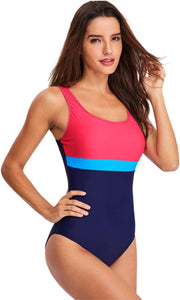 Womens One Piece Swimsuit Tummy Control Swimming Costume Slimming Monokini Push up Swimwear Splicing Striped Sports Scoopback Bathing Suit with Removable Foam Cups Athletic Padded Swimsuits