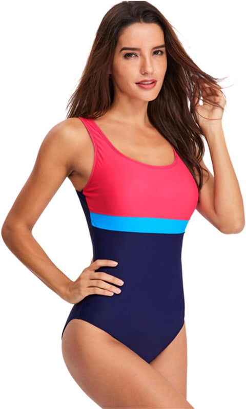 Womens One Piece Swimsuit Tummy Control Swimming Costume Slimming Monokini Push up Swimwear Splicing Striped Sports Scoopback Bathing Suit with Removable Foam Cups Athletic Padded Swimsuits