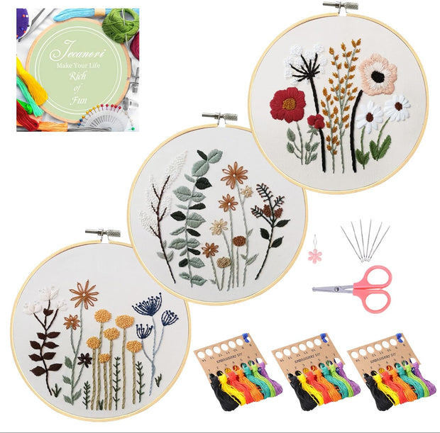 Embroidery Starter Kit, 3 Pack Cross Stitch Kit with Floral or Plant Pattern and Instructions, Full Range of Embroidery Kits, Embroidery Hoops, Color Threads and Tool