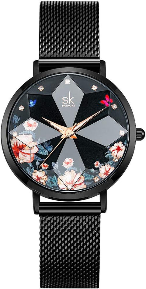 Creative Starry Sky Women Watch with Stainless Steel Mesh Band Genuine Leather Elegant Floral Women Watches