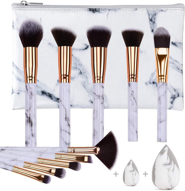 Makeup Brushes  Professional Marble Makeup Brush Set, Soft and Odor-Free Natural Synthetic Bristles,10Pcs + 2 Sponge Puff + Marble Pattern Cosmetics Bag