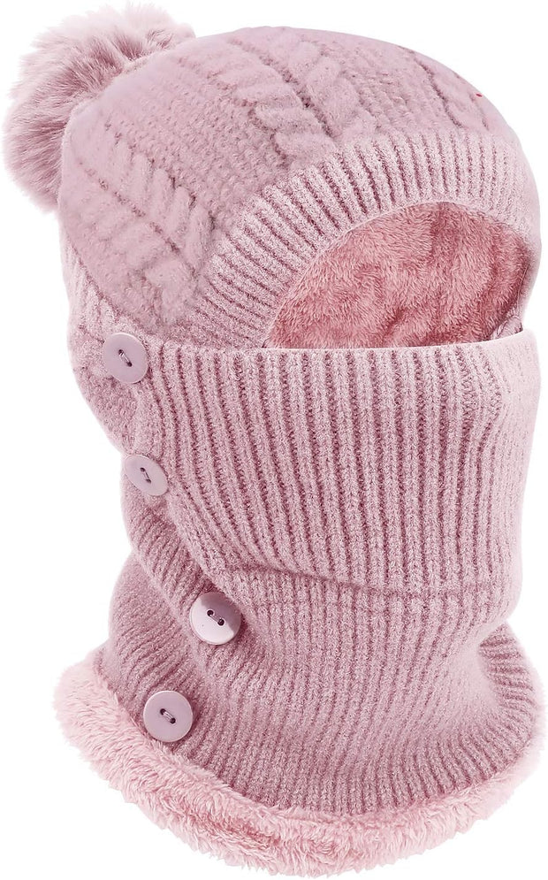 Winter Warm Knitted Cap＆Neck Warmer Sets,Flexible Knit Beanie Hat with Hairball,Soft Thick Fleece Lined,Women Adjustable Face Mask for Outdoor Sports,Winter Gift