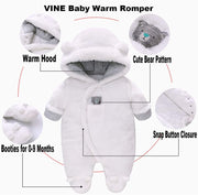 Baby Winter Snowsuit Baby Rompers, Boy and Girl One-Piece Suit with Hood, Toddler Outerwear Snowsuit Set Thick and Warm,White 6-9 Months