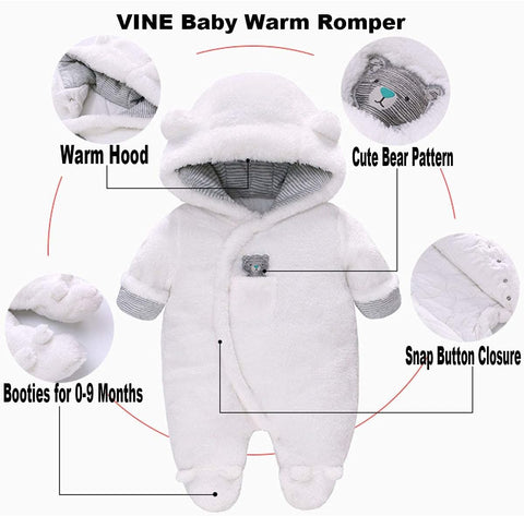 Baby Winter Snowsuit Baby Rompers, Boy and Girl One-Piece Suit with Hood, Toddler Outerwear Snowsuit Set Thick and Warm,White 6-9 Months