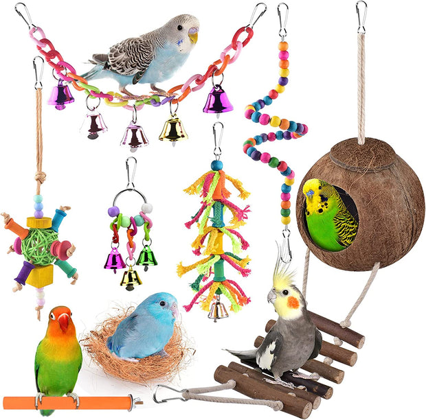 Bird Parrot Toys 8 PACK, Hanging Natural Wooden Coconut Perch Lovebrid Birds House with Ladder, Stand Chewing Bell Pet Birds Cage Toy Accessories Suitable for Parakeet, Conure, Cockatiel, Mynah