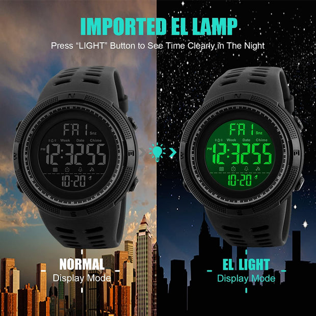 Mens Digital Watch - 50M Waterproof Men Sports Watches, Black Big Face LED Military Wrist Watch with Alarm/Countdown Timer/Dual Time/Stopwatch/12/24H Format for Man