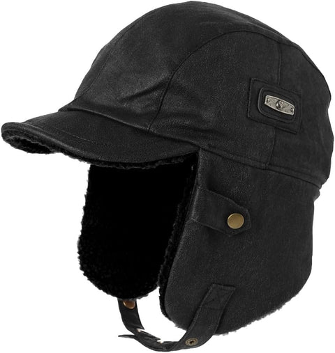 Unisex Winter Aviator Pilot Cap Earflap Hunting Trapper Hat Ski Snow Hats Waterproof Faux Leather/Waxed Cotton