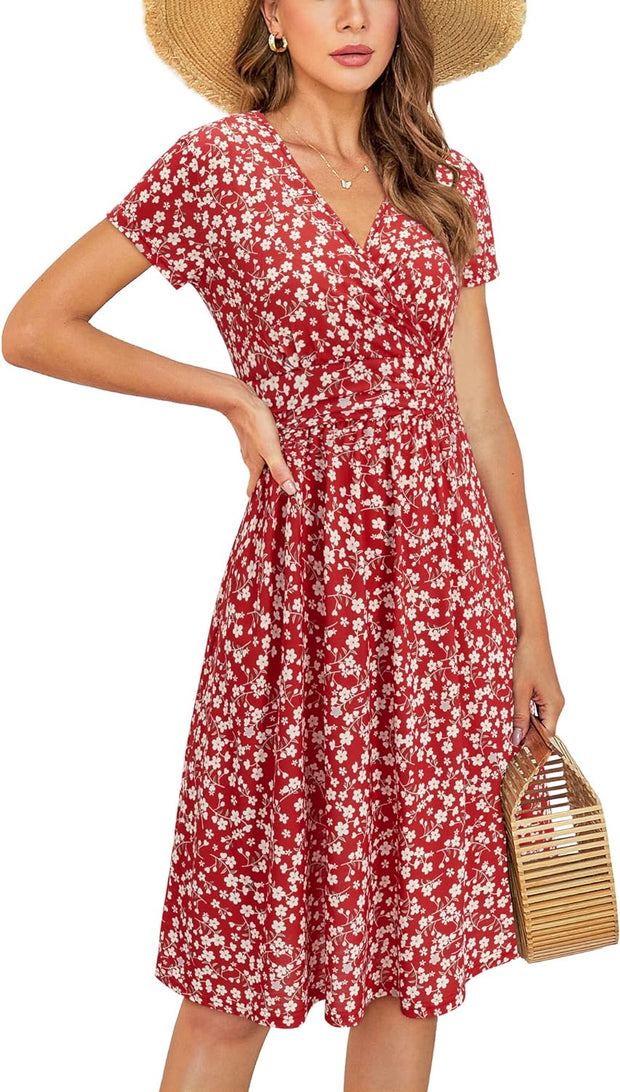 Women'S Summer Dress Short Sleeve V-Neck Sundress Floral Wrap Waist Casual Dress with Pockets