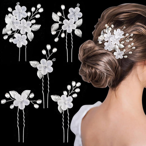 5 Pcs Bridal Hairpins, Pearl Rhinestone, Flower Hair Clips, Silver Jewelry Wedding Headpiece Hair Accessories for the Bride and Bridesmaid