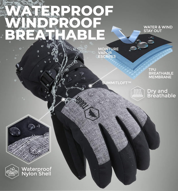 Ski & Snow Gloves - Waterproof & Windproof Winter Snowboard Gloves for Men & Women for Cold Weather - with Wrist Leashes, Nylon Shell, Thermal Insulation & Synthetic Leather Palm