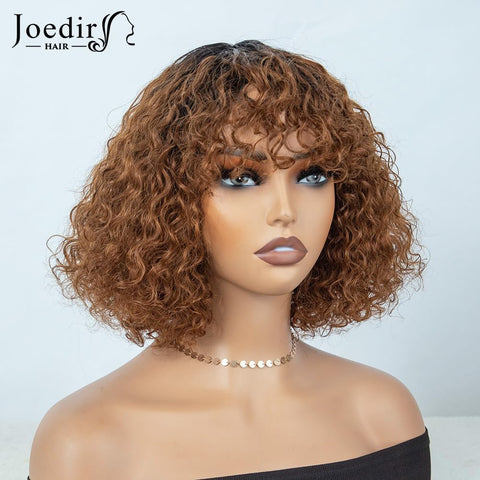 Short Curly Bob Wig with Bangs Human Hair for Black Women Ombre Brown 10 Inch Water Wave Bob Wig 150% Density Glueless Wig (Color: TT1B/30)