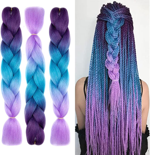 3 Tones Braiding Hair Extension 3 Pcs 24 Inch Ombre Braiding Hair Pretty Quality Synthetic Braid Hair Extensions Box Braids Hair for Women（Blue-Purple-Pink)