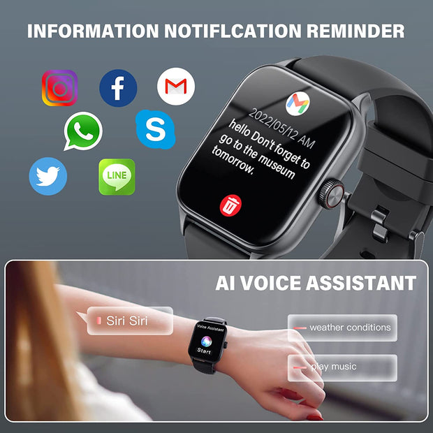 Smart Watch (Answer/Make Call), 1.85" TFT HD Display Fitness Watch for Women Men with Pedometer, Heart Rate, SMS Reminder, Voice Assistant, Multiple Sports Modes (Black)