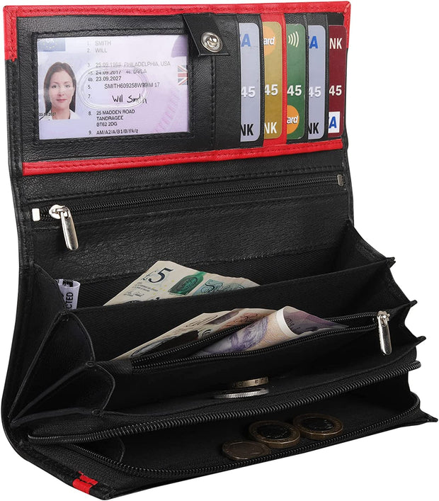 Ladies Purse, RFID Protected Women'S Wallet, Genuine Soft Real Leather Card Holder, Id Pocket Long Flap over Purse, Antitheft Security Wallet 370 Black Red